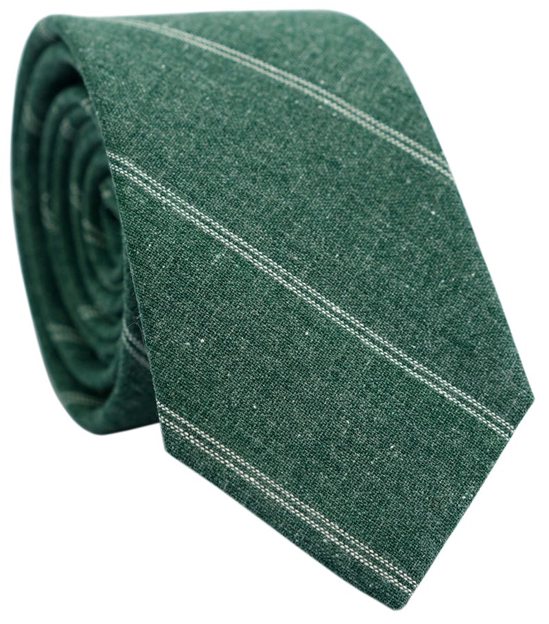BELLUNO 2.5 inch Skinny Tie for Men, Cotton Linen Slim Neckties Green Stripe - Image 1